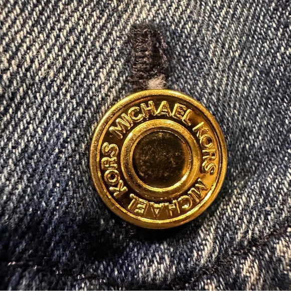 MICHAEL KORS MK Logo Cropped Stretch Denim Jean Jacket S Blue Gold Buttons M - Picture 10 of 12